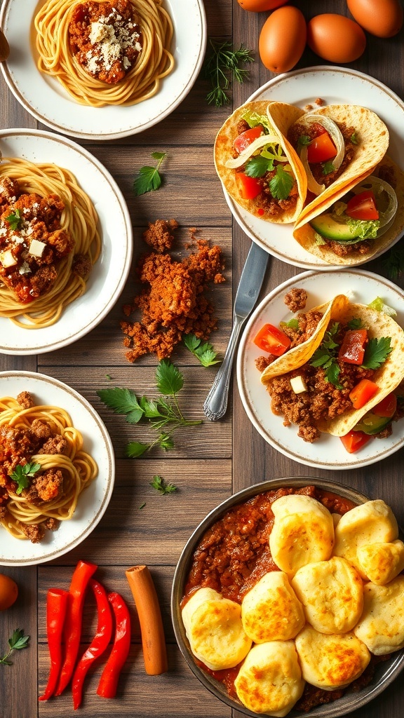 A variety of ground beef dishes including spaghetti bolognese, beef tacos, and shepherd